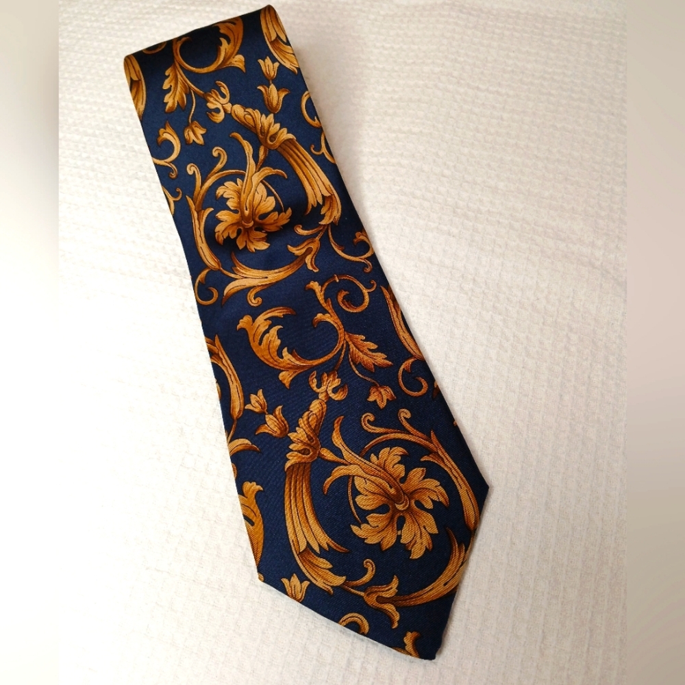 Dior Gold and Blue Silk Tie with Baroque Design